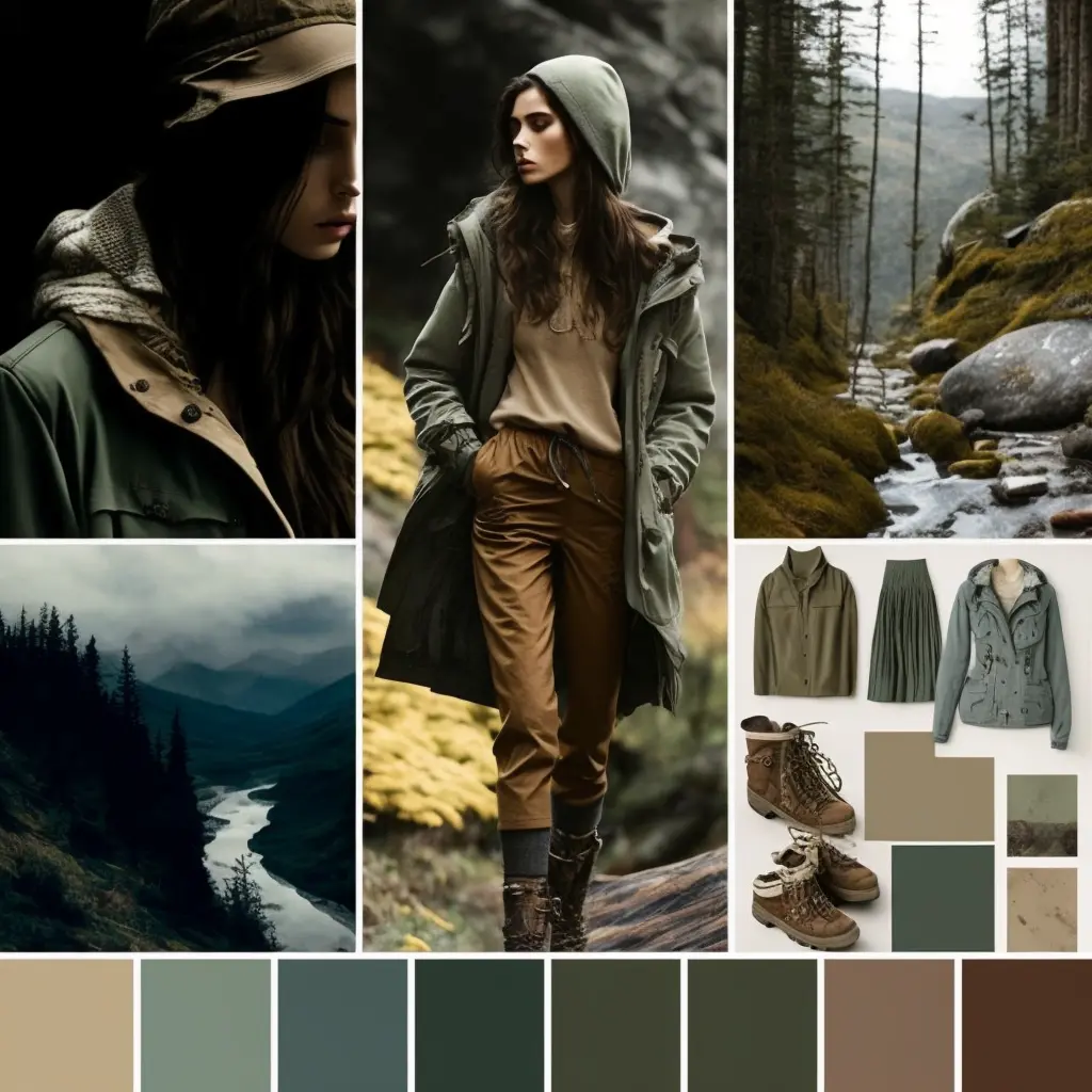 fashion moodboard for earth tone clothes inspired by the outdoors and hiking 